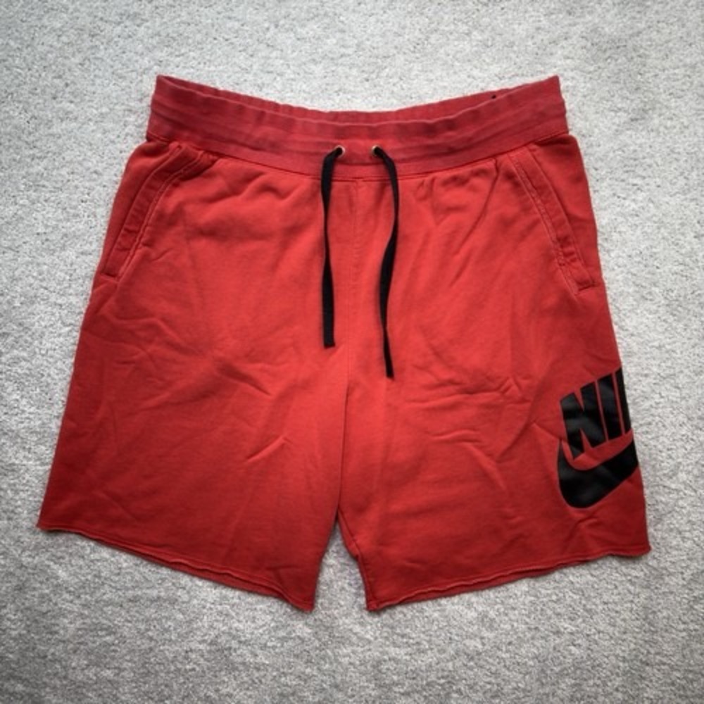 Nike French Terry Shorts Men Medium Red Black Big Swoosh Raw Hem Gym Sweatshorts